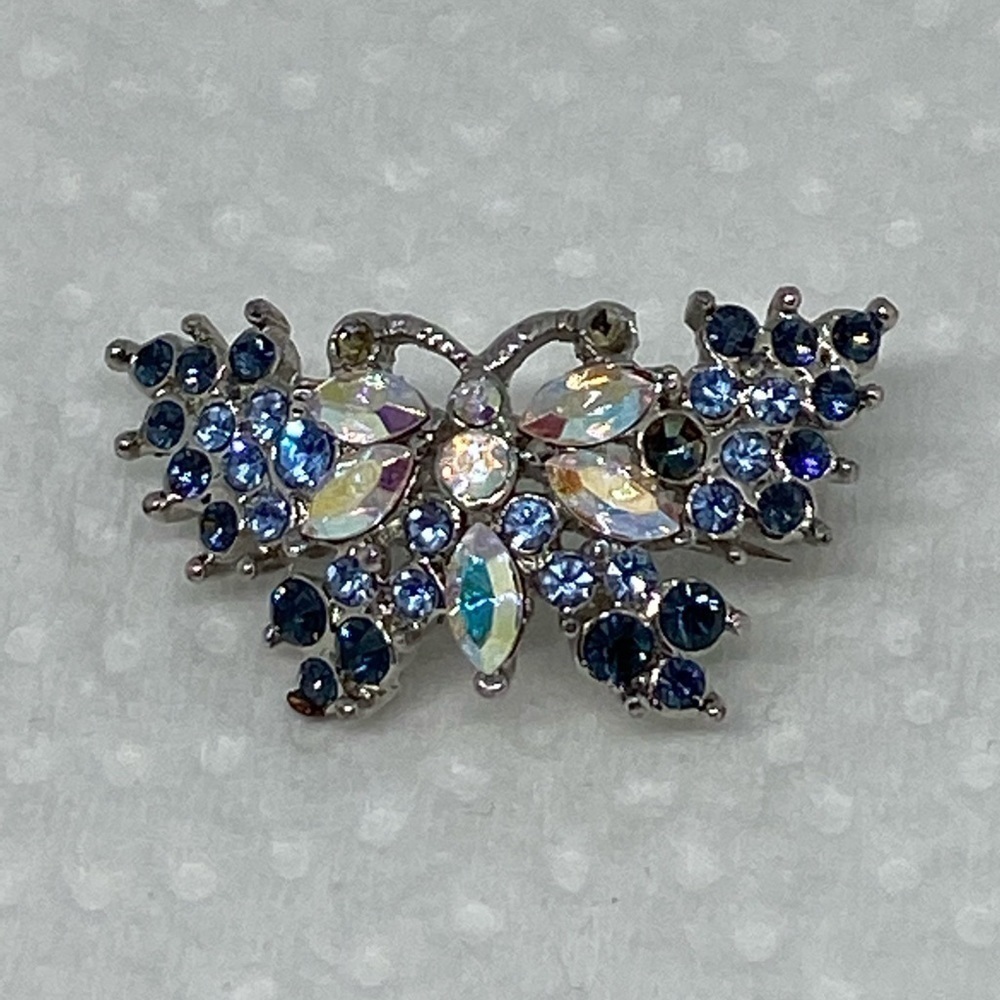 Rhinestone butterfly brooch silver tone pin